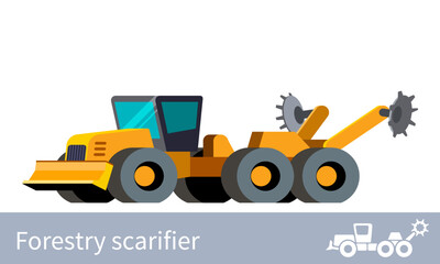 Forestry wheeled scarifier front side view minimalistic icon vehicle. Forestry construction equipment isolated vector. Color icon illustration on white background