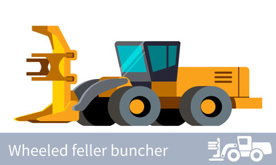 Forestry wheeled feller buncher front side view minimalistic icon vehicle. Forestry construction equipment isolated vector. Color icon illustration on white background