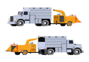 Chip truck trailed tree chipper. Yellow wood chipper for chipping felled trees and brunches after tree trimming into back of chip truck. Front and back side view. Vector clip art on white background