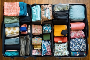 Efficient packing techniques overhead view of a neatly packed suitcase travel essentials organized environment minimalist concept