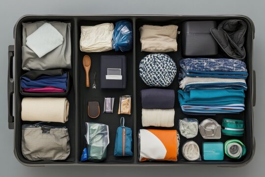 Efficiently packed suitcase overhead view travel scene photo content neat environment aerial perspective packing tips for organized travelers