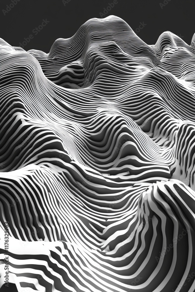 Aufkleber Abstract grayscale 3D landscape with undulating lines and curves.