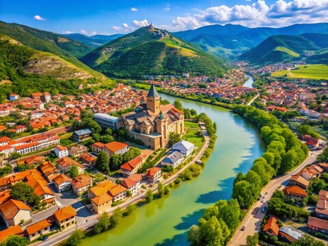 Stunning Aerial View of Mtskheta, Georgia: Svetitskhoveli Cathedral & Mtkvari River
