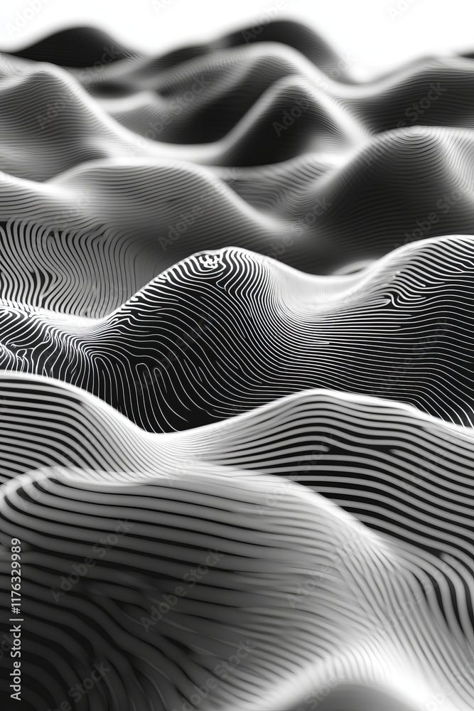 Aufkleber Abstract grayscale 3D rendering of undulating, textured waves.
