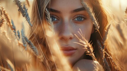 Young Woman with Stunning Blue Eyes Surrounded by Golden Wheat Field at Sunset, Capturing Natural Beauty and Serenity in Soft Warm Light