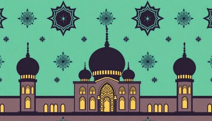 Obraz premium Islamic geometric mosque icon with intricate details in a seamless pattern style.