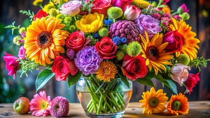 Fototapeta premium Stunning Floral Arrangement Portrait Photography: Vibrant Blooms in Elegant Vase