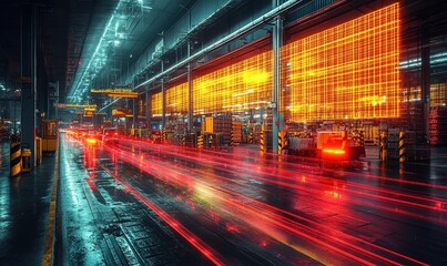 Fototapeta premium A vibrant industrial scene with dynamic light trails, showcasing a busy warehouse environment.