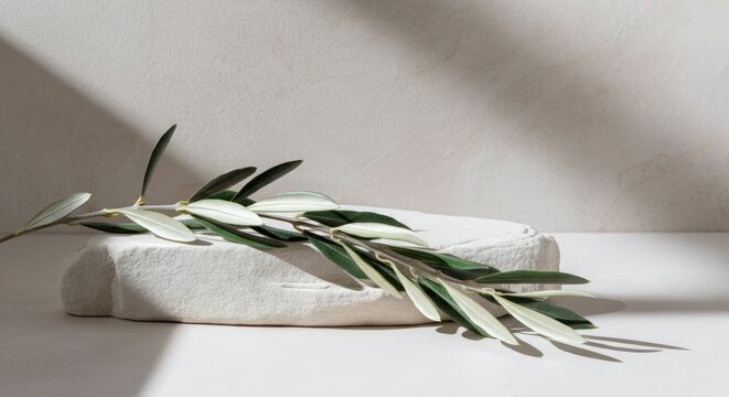 Olive branch on white stone surface in natural light