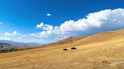 Obraz premium Peaceful Pastoral Landscape with Grazing Cattle in Scenic Mountain Countryside