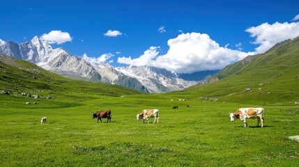 Fototapeta premium Picturesque Mountain Landscape with Grazing Cattle in Pastoral Setting