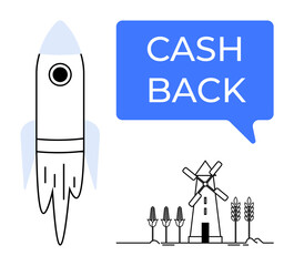 Rocket launching next to a windmill and cornfield. Cash Back speech bubble in bold text. Ideal for finance, technology, renewable energy, innovation, cash rewards, future sustainability. Black