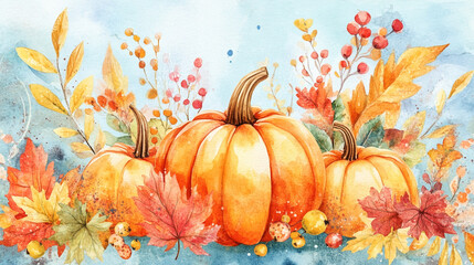 Naklejka premium Watercolor style border illustration with autumnal pumpkins and flowers, Happy fall concept on a colorful background featuring a pumpkin, textured surface and also perfect for seasonal themes.