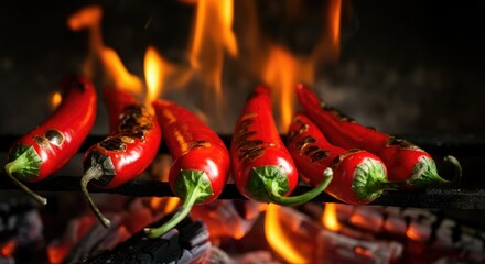 Red chili peppers being grilled over hot flame