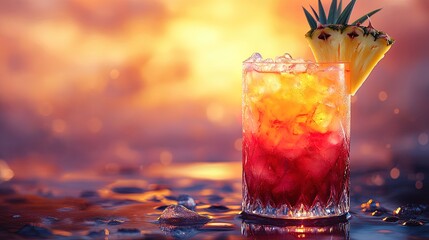 A tropical sunrise drink glowing with layers of orange and red hues, garnished with a fresh pineapple slice