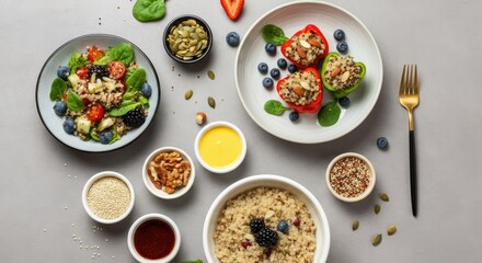 Colorful healthy meal with quinoa, grilled vegetables, nuts, and seeds