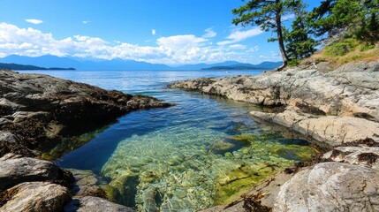 Obraz premium Serene coastal landscape with crystal clear waters and rugged rocky shoreline among pine trees under a beautiful blue sky