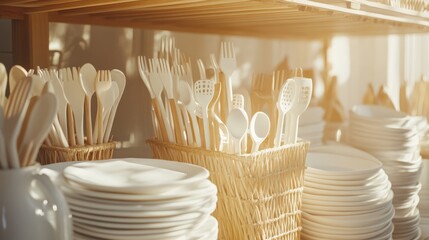 Brightly Lit Kitchen Shelf with White Utensils, Plates, and Cookware Organized in Baskets, Creating a Warm and Inviting Culinary Space for Cooking Enthusiasts