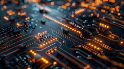 Obraz premium Close-up View of Futuristic Circuit Board with Glowing Orange Lights and Intricate Patterns, Representing Advanced Technology and Innovation