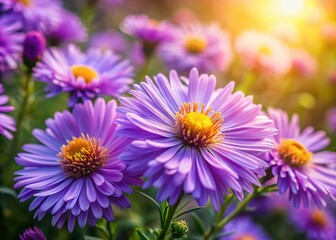 Summer Aster Flowers Portrait Photography: Vibrant Purple Blooms in Soft Sunlight