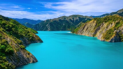 Stunning Turquoise Lake Nestled Between Rugged Mountain Peaks in Serene Wilderness Landscape