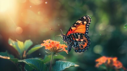 Fototapeta premium Vibrant Monarch Butterfly Perched on Colorful Flower in Sunlit Garden, Capturing the Essence of Nature's Beauty and Delicate Ecosystems with Bokeh Background