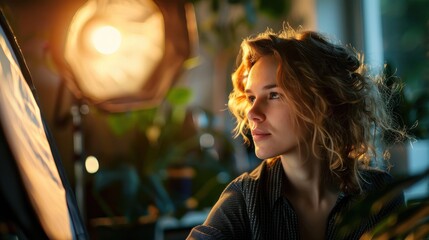 Portrait of a Thoughtful Young Woman with Curly Hair in a Warmly Lit Room Surrounded by Greenery and Photographic Equipment