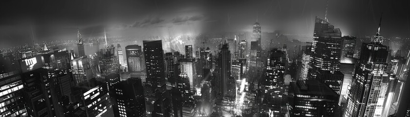 A dramatic black and white rendering of a urban cityscape at night