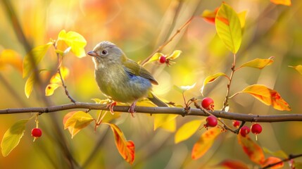 Obraz premium Colorful Small Bird Perched on Branch Surrounded by Vibrant Autumn Leaves and Red Berries Against a Soft Sunny Background
