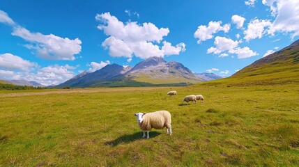 Serene mountain landscape with grassy meadow and dramatic cloud filled sky in scenic countryside