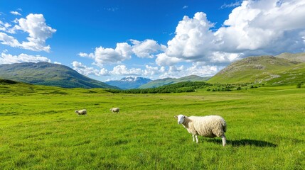 Scenic Pastoral Landscape with Sheep Grazing on Lush Green Meadow under Cloudy Sky
