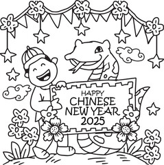 Black and White Cartoon Illustration of Happy Chinese New Year for Coloring Book
