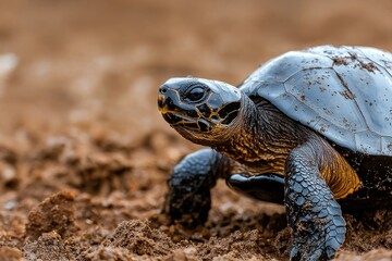 Obraz premium Turtle crawling on the ground in a natural environment.