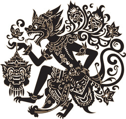 vector sketch, silhouette illustration, ethnic traditional wayang character design, ghost mascot shape