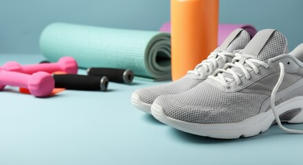 Gray sneakers, yoga mats, dumbbells, and foam roller on blue background