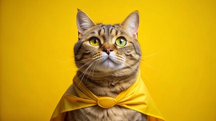 Superhero Cat in Yellow Cape and Mask - Stock Photo