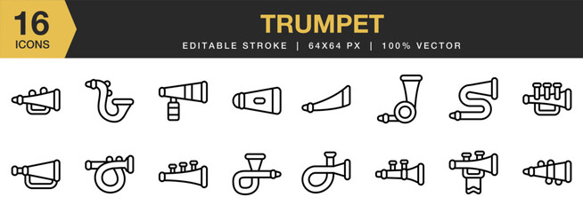 Trumpet icon set. Editable Stroke Icon Collection. Includes Trumpet, New Year, Holliday, Party, Festive, Year, Decoration, and More. Outline icons vector collection.