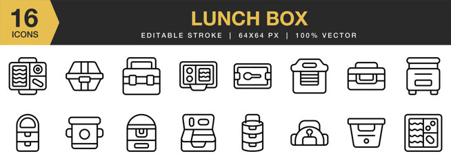 Lunch Box icon set. Editable Stroke Icon Collection. Includes Bento, Box, Cuisine, Japanese, Lunch, Lunchbox, Meal, and More. Outline icons vector collection.