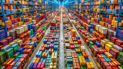 Surreal Aerial View: Colorful Warehouse Inventory, Organized Shelves, Abstract Storage