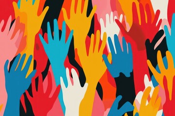 . A bold vector image of hands in bright colors reaching upwards, representing hope, collaboration, and friendship.