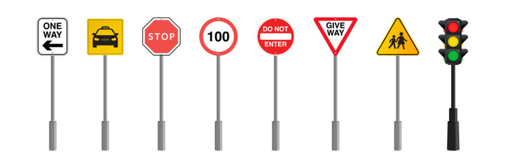 Traffic Light and Road Signs Collection: One Way, Taxi, Stop, Speed Limit, Do Not Enter, Give Way, and School Crossing Symbols. Vector. © Jer