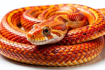 Fototapeta premium Surreal Close-up of a Coiled Corn Snake on White Background - Striking Reptile Photography