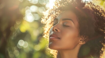 Fototapeta premium Serene Woman With Curly Hair Enjoys Nature's Beauty in Soft Morning Light While Embracing Inner Peace and Tranquility in a Lush Green Environment