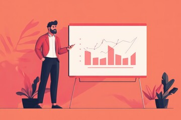 Fototapeta premium . A businessman confidently presenting a business growth chart with rising graphs on a digital screen, showcasing financial success and strategy.