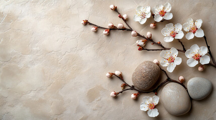 Flower branch and stone on bright beige background banner