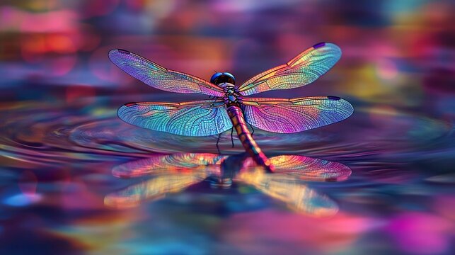 A vibrant dragonfly reflecting on water amidst colorful bokeh.