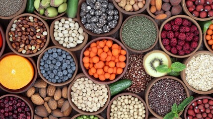 Healthy fitness food concept featuring a variety of nutrient-rich ingredients including fresh fruits, vegetables, pulses, herbs, spices, nuts, and grains, packed with antioxidants, omega-3 fatty acids