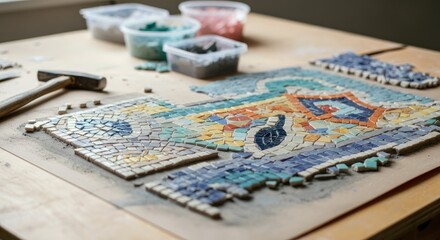 Colorful mosaic in progress on wooden table with tools and tiles
