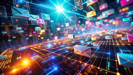 Obraz premium Surreal Glowing Envelopes Delivering Travel Restriction Updates in Cyberspace - High Depth of Field Stock Photo