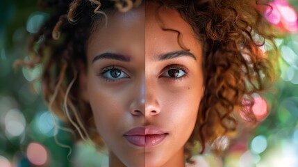 Obraz premium Close-Up Split Portrait of a Young Woman with Curly Hair Showcasing Two Distinct Looks and Diverse Features Against a Blurred Colorful Background